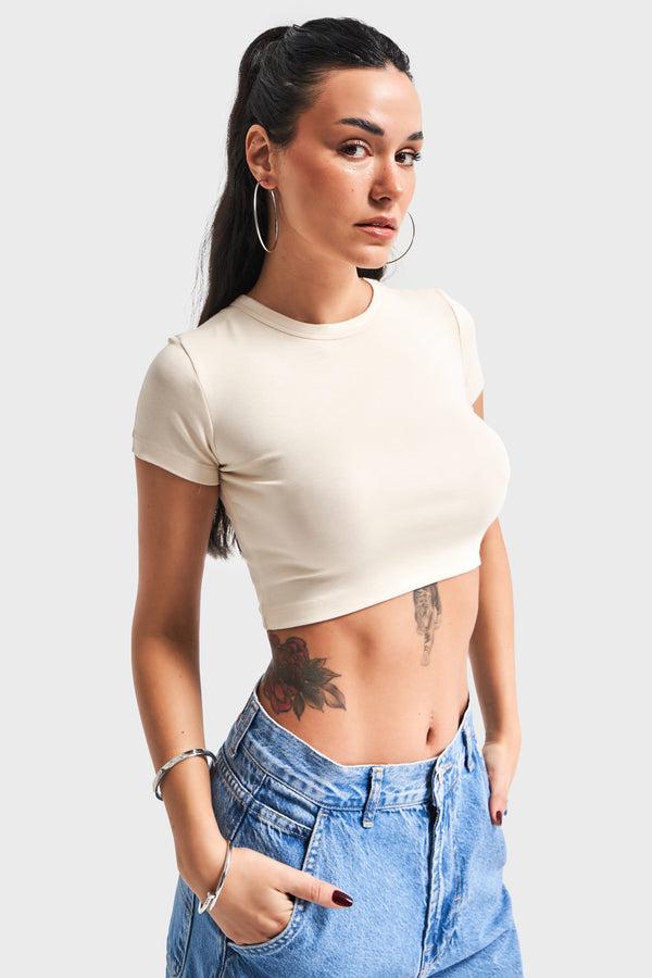 მაისური, ტოპი Women's T-Shirt IT'S BASIC 11kadin-bej-renk-s5-super-esnek-kumas-crop-fit-top-20406.jpg