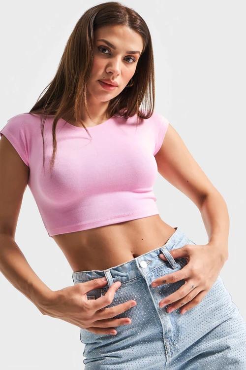 მაისური, ტოპი Women's T-Shirt IT'S BASIC 1kadin-pembe-renk-esnek-kumas-bisiklet-yaka-crop-body-20623.jpg